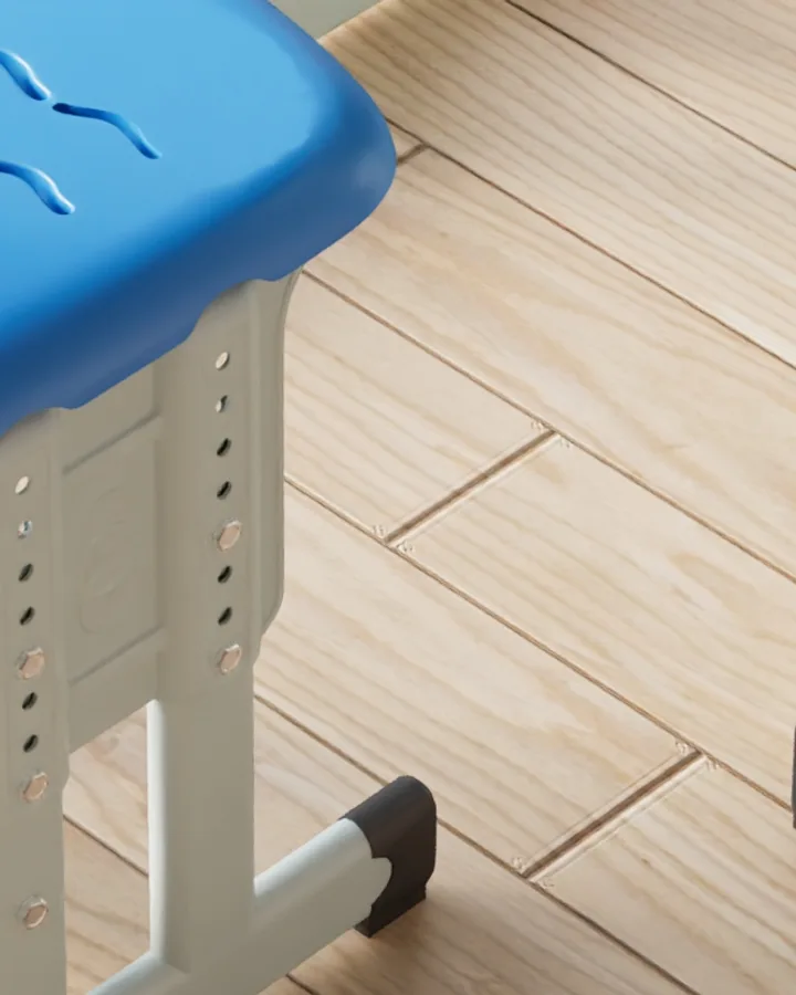Height adjustment holes and riveted bracket on the leg